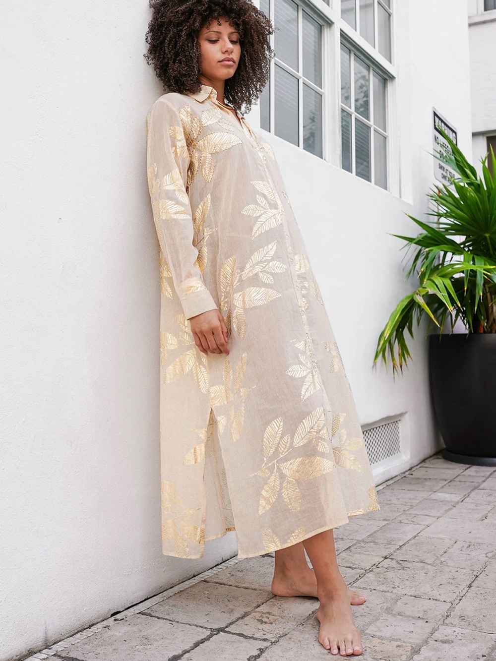 Debbie Katz Zilly Shirt Dress Taupe Cotton Resort wear Loose Fit Metallic Small